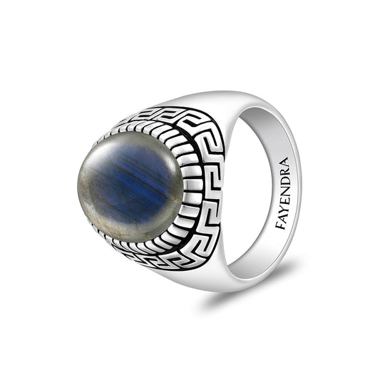 Sterling Silver 925 Ring Rhodium And Black Plated Embedded With Cabochon Labradorite For Men