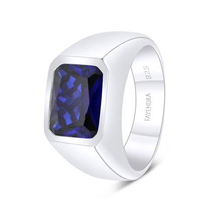 Sterling Silver 925 Ring Rhodium Plated Embedded With Sapphire Corundum For Men