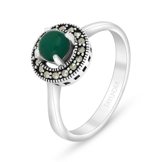 Sterling Silver 925 Ring Embedded With Natural Green Agate And Marcasite Stones