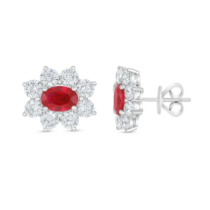 Sterling Silver 925 Earring Rhodium Plated Embedded With Ruby Corundum And White Zircon