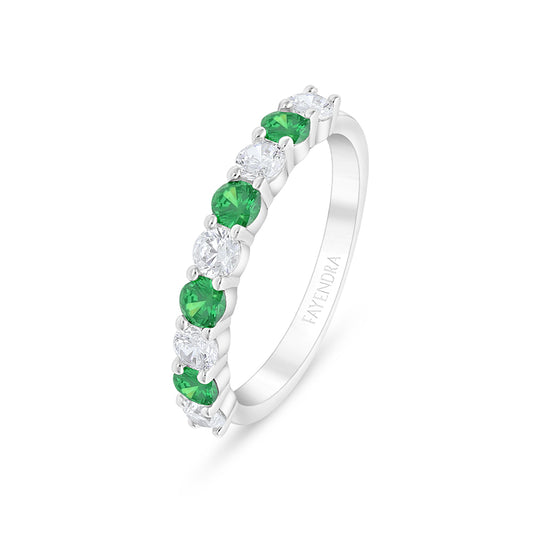 Sterling Silver 925 Ring Rhodium Plated Embedded With Emerald Zircon And White Zircon