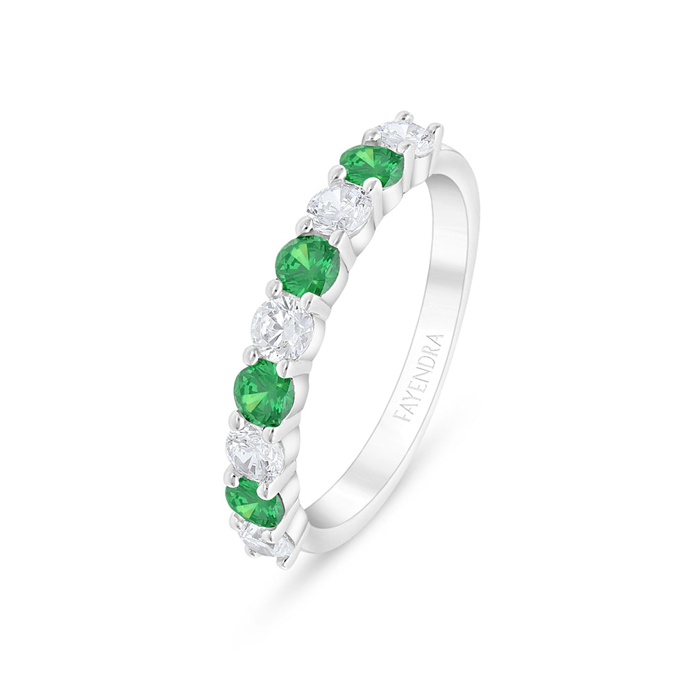Sterling Silver 925 Ring Rhodium Plated Embedded With Emerald Zircon And White Zircon