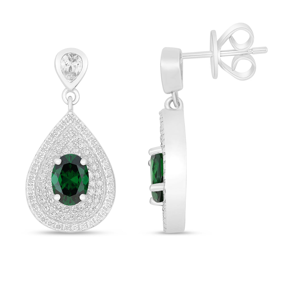 Sterling Silver 925 Earring Rhodium Plated Embedded With Emerald Zircon And White Zircon