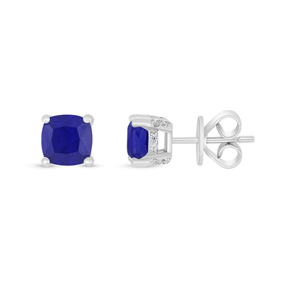 Sterling Silver 925 Earring Rhodium Plated Embedded With Sapphire Corundum And White Zircon
