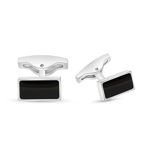 Stainless Steel Cufflink 316L Silver Color Embedded With Black Agate Shiny Steel