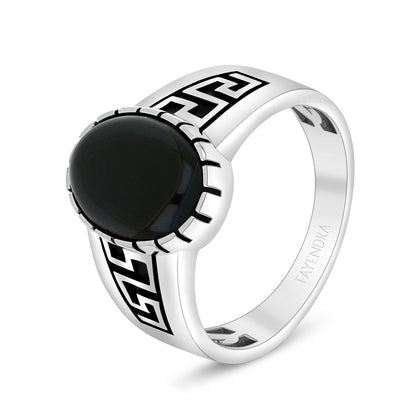 Sterling Silver 925 Ring Rhodium And Black Plated Embedded With Cabochon Black Agate For Men