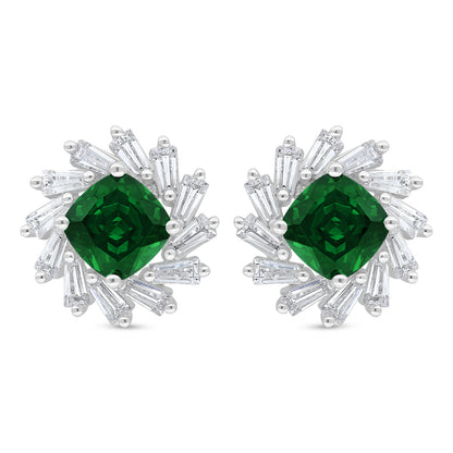 Sterling Silver 925 Earring Rhodium Plated Embedded With Emerald Zircon And White Zircon
