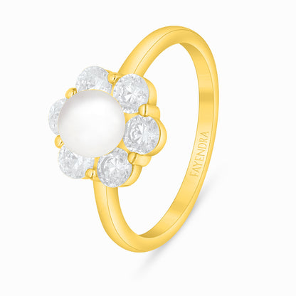 Sterling Silver 925 Ring Golden Plated Embedded With Natural White Pearl And White Zircon