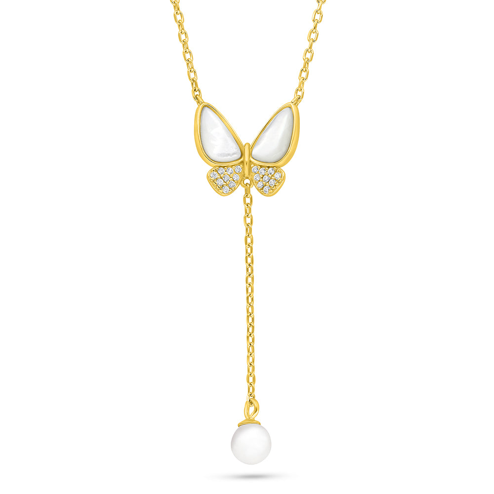 Sterling Silver 925 Necklace Golden Plated Embedded With Natural White Pearl And White Shell And White Zircon