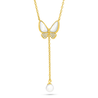Sterling Silver 925 Necklace Golden Plated Embedded With Natural White Pearl And White Shell And White Zircon