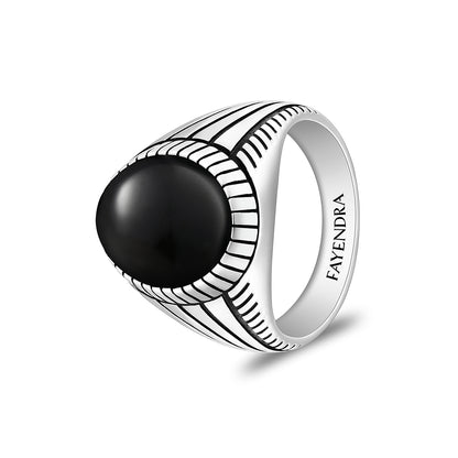 Sterling Silver 925 Ring Rhodium And Black Plated Embedded With Cabochon Natural Black Agate For Men