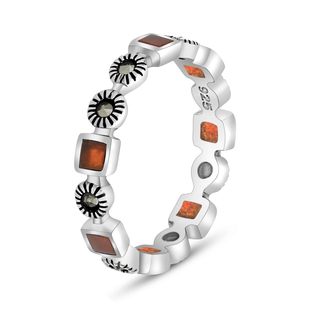 Sterling Silver 925 Ring Embedded With Natural Aqiq And Marcasite Stones