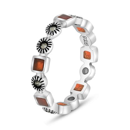 Sterling Silver 925 Ring Embedded With Natural Aqiq And Marcasite Stones