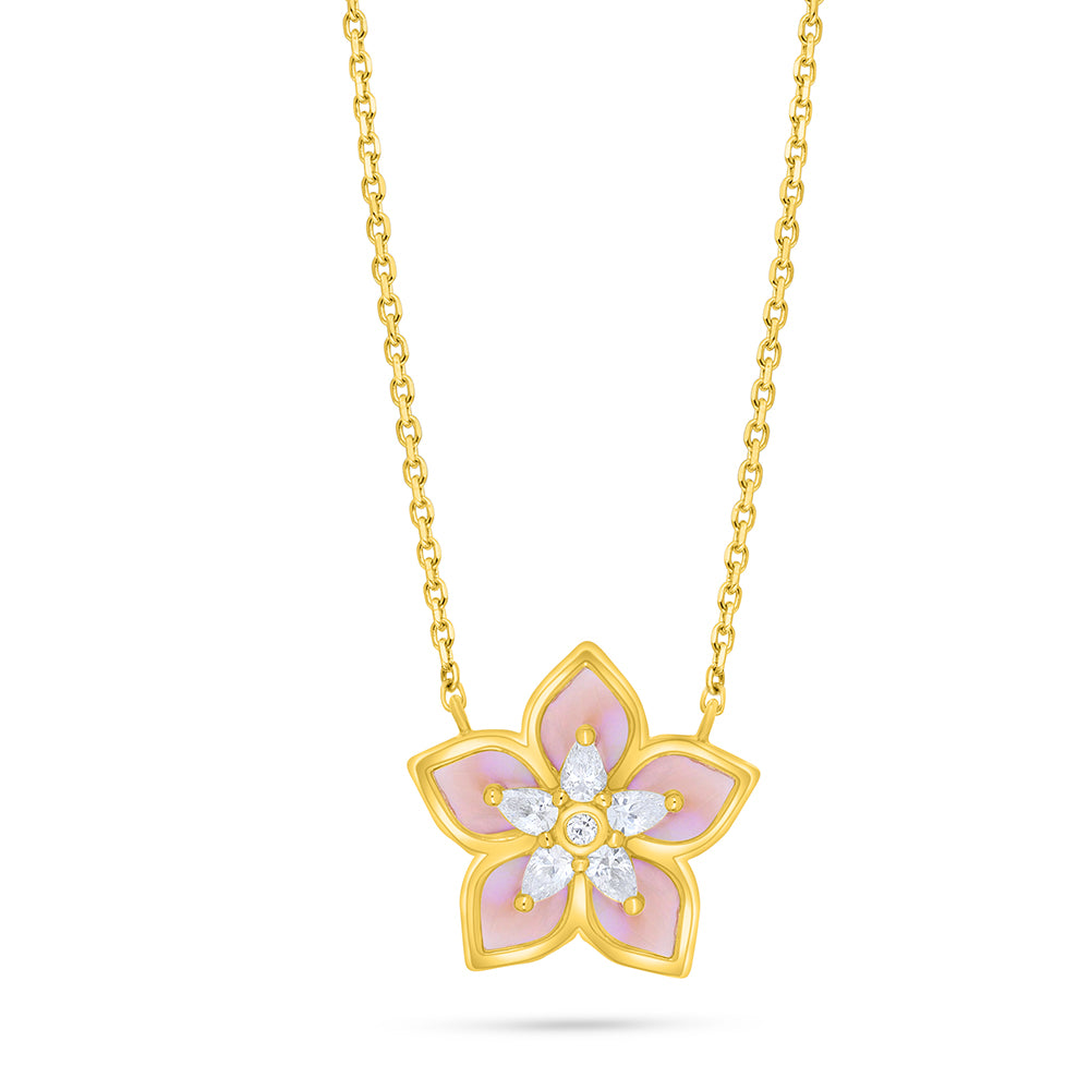 Sterling Silver 925 Necklace Golden Plated Embedded With Pink Shell And White Zircon