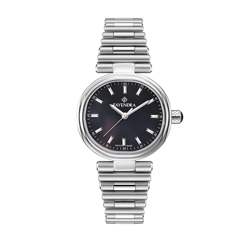 ساعة رجالي ستانلس ستيل عيار 316L بلون فضي - المينا حجر صدف ام اللالئ الاسود 