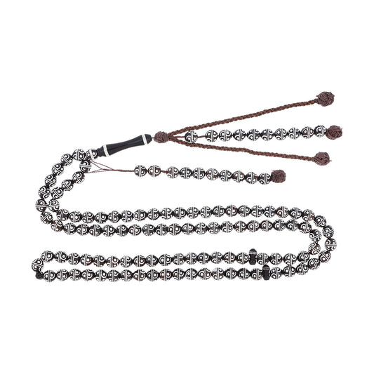 Rosary 100 Kuk 8 mm , Hand Inlaid Round Braided Silver And White Enamel African Style, with Two Counters