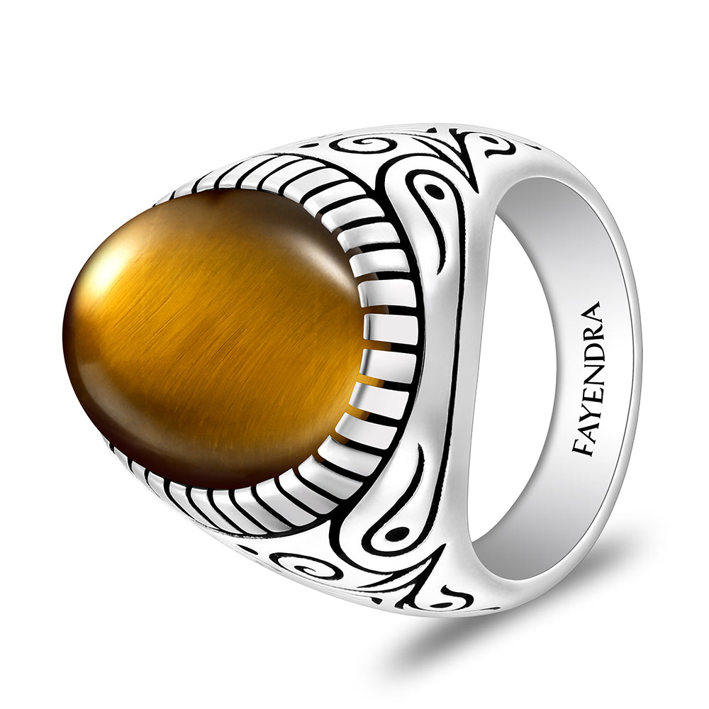 خاتم رجالي من الفضة الخالصة عيار 925 مطلي روديوم و اسود مرصع عين النمر اصفر كابشون