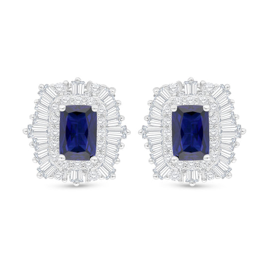 Sterling Silver 925 Earring Rhodium Plated Embedded With Sapphire Corundum And White Zircon