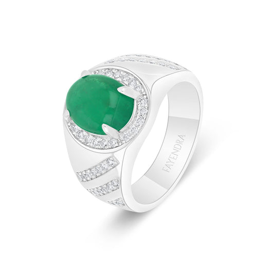 خاتم رجالي عيار 925 مطلي روديوم مرصع بحجر الزمرد الطبيعي و الالماس الطبيعي سي في دي جودة في في اس