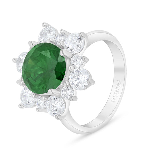Sterling Silver 925 Ring Rhodium Plated Embedded With Emerald Zircon And White Zircon