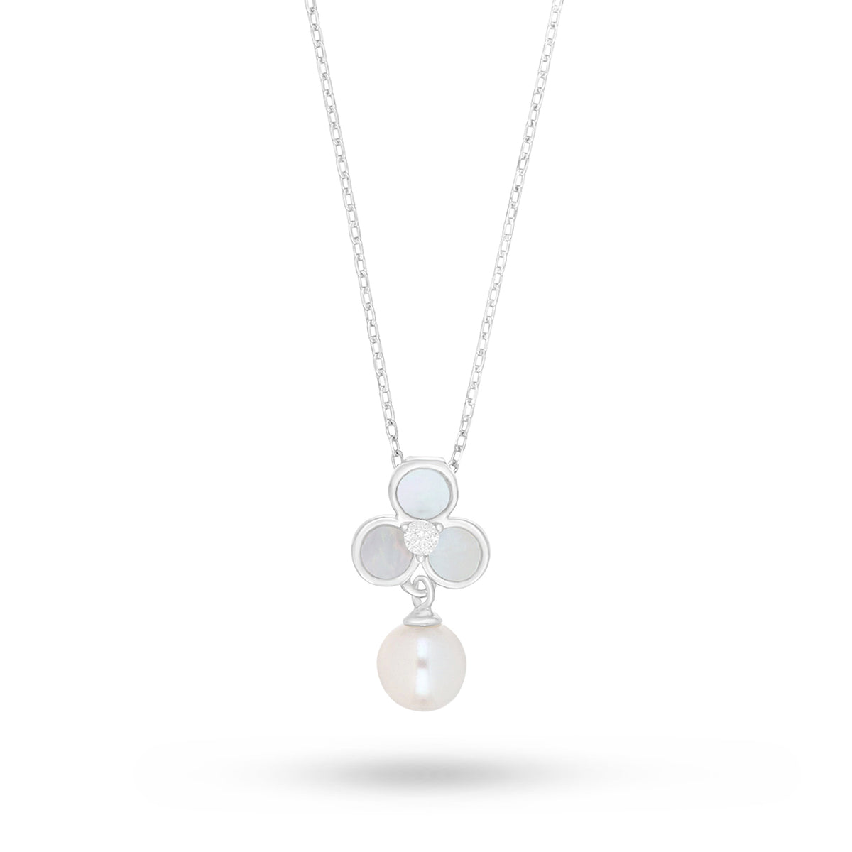 Sterling Silver 925 Necklace Rhodium Plated Embedded With Natural White Pearl, White Shell And White Zircon
