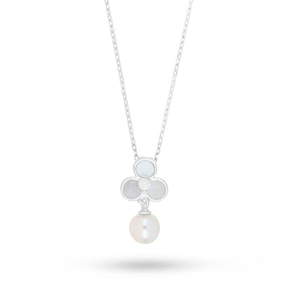Sterling Silver 925 Necklace Rhodium Plated Embedded With Natural White Pearl, White Shell And White Zircon
