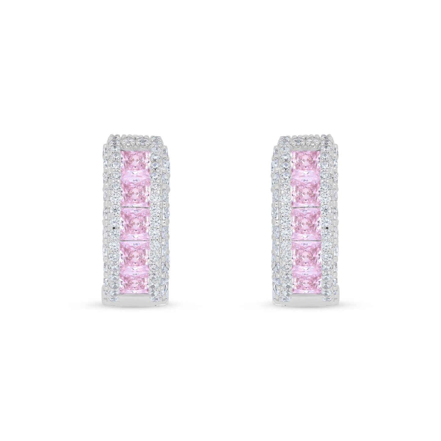 Sterling Silver 925 Earring Rhodium Plated Embedded With Pink Zircon And White Zircon