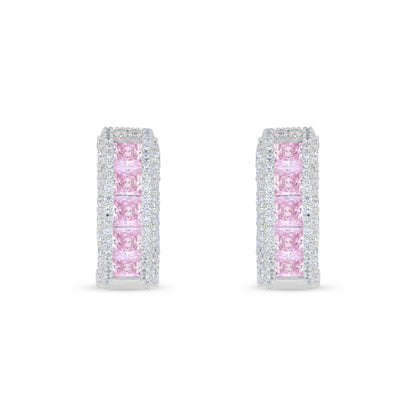 Sterling Silver 925 Earring Rhodium Plated Embedded With Pink Zircon And White Zircon