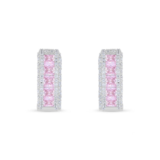 Sterling Silver 925 Earring Rhodium Plated Embedded With Pink Zircon And White Zircon