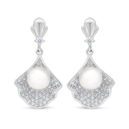 Sterling Silver 925 Earring Rhodium Plated Embedded With Natural White Pearl And White Zircon