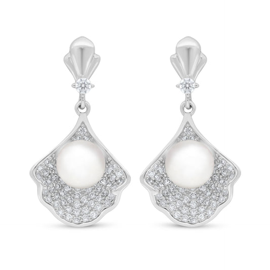 Sterling Silver 925 Earring Rhodium Plated Embedded With Natural White Pearl And White Zircon