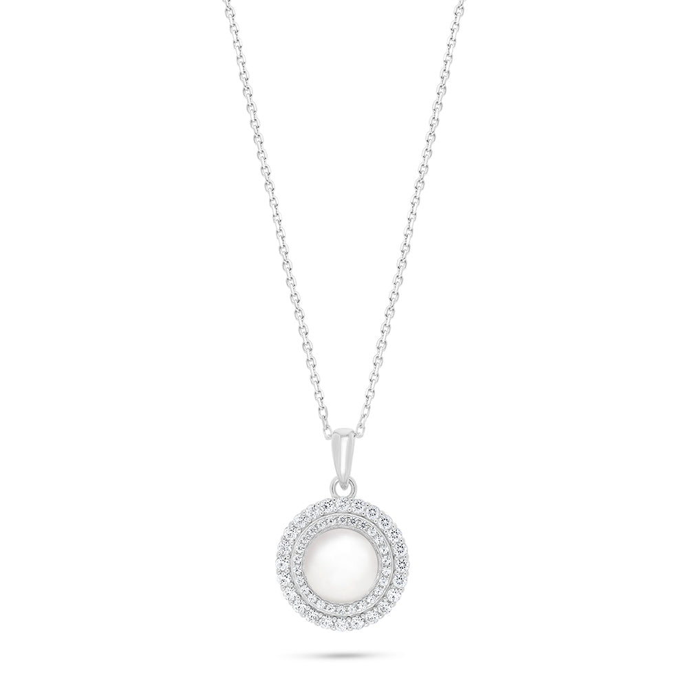 Sterling Silver 925 Necklace Rhodium Plated Embedded With Natural White Pearl And White Zircon