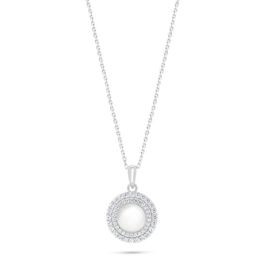 Sterling Silver 925 Necklace Rhodium Plated Embedded With Natural White Pearl And White Zircon