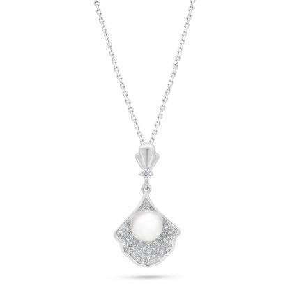 Sterling Silver 925 Necklace Rhodium Plated Embedded With Natural White Pearl And White Zircon