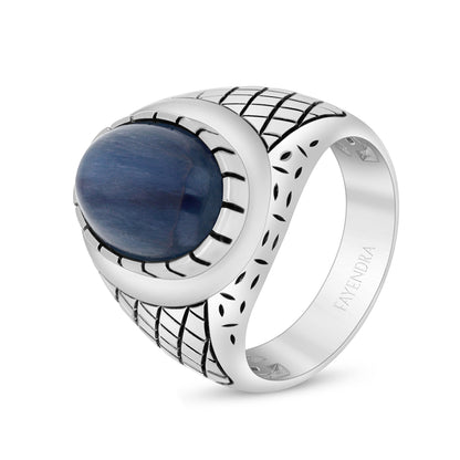 Sterling Silver 925 Ring Rhodium And Black Plated Embedded With Cabochon Natural Kyanite For Men