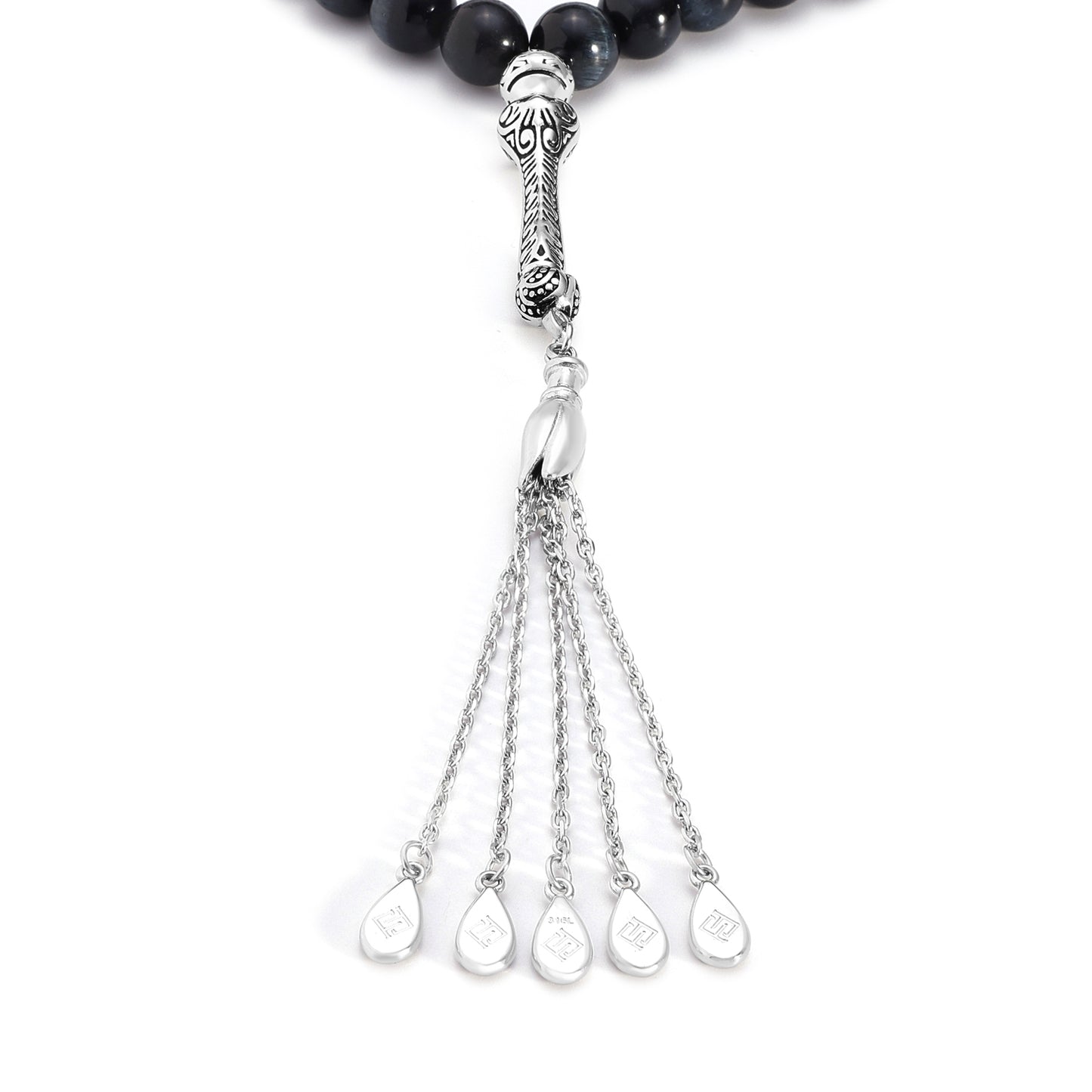 Blue Tiger Eye Rosary 33 Round Bead 10 MM Whit Stainless Steel 316L Set (Silver & Black Plated)
