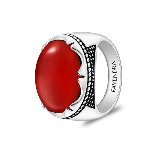 Sterling Silver 925 Ring Rhodium And Black Plated Embedded With Cabochon Red Agate For Men