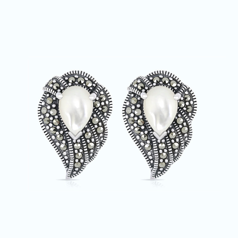Sterling Silver 925 Earring Embedded With Natural White Shell And Marcasite Stones