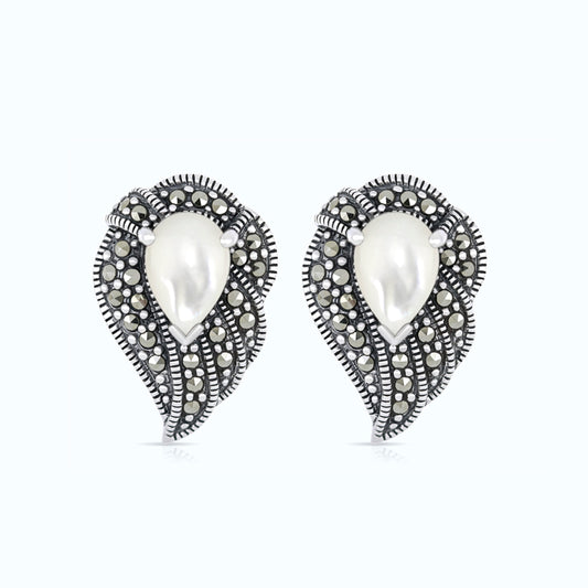 Sterling Silver 925 Earring Embedded With Natural White Shell And Marcasite Stones