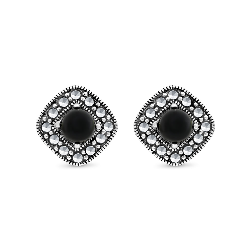 Sterling Silver 925 Earring Embedded With Natural Black Agate And Marcasite Stones