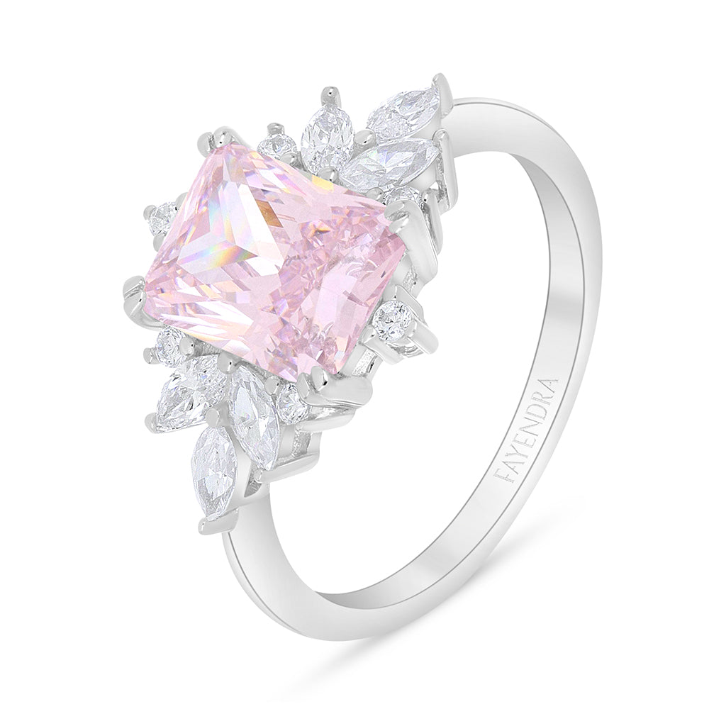 Sterling Silver 925 Ring Rhodium Plated Embedded With Pink Zircon And White Zircon