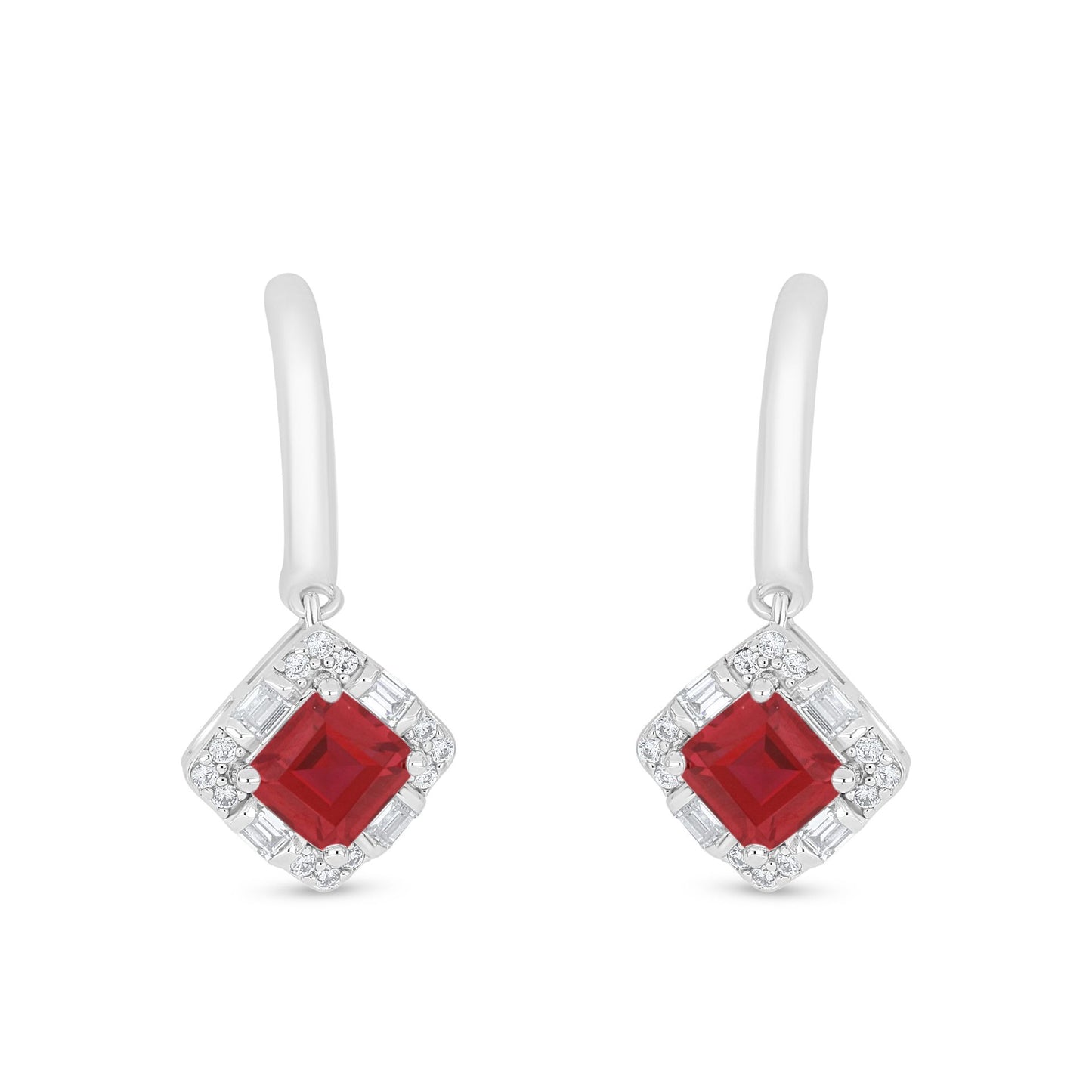 Sterling Silver 925 Earring Rhodium Plated Embedded With Ruby Corundum And White Zircon
