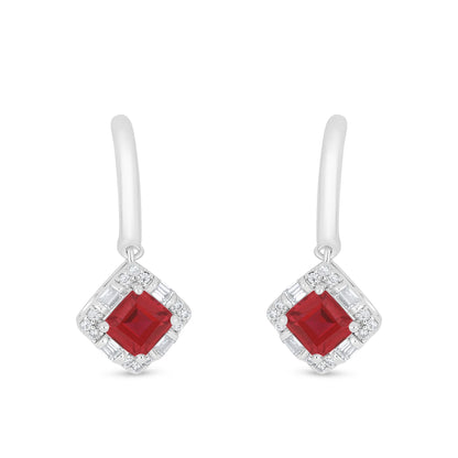 Sterling Silver 925 Earring Rhodium Plated Embedded With Ruby Corundum And White Zircon