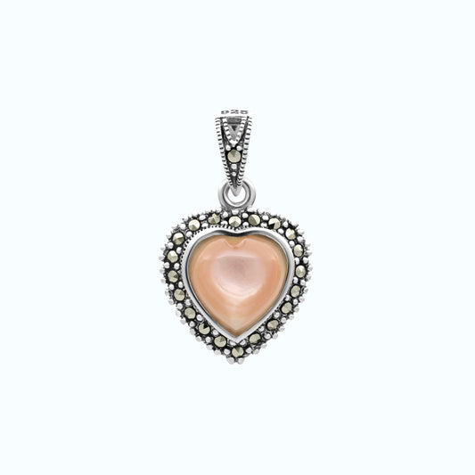 Sterling Silver 925 Pendant Embedded With Natural Pink Shell And Marcasite Stones