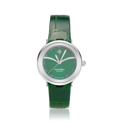 Stainless Steel 316L Watch Silver Color Green Leather And White Zircon - GREEN METAL DIAL