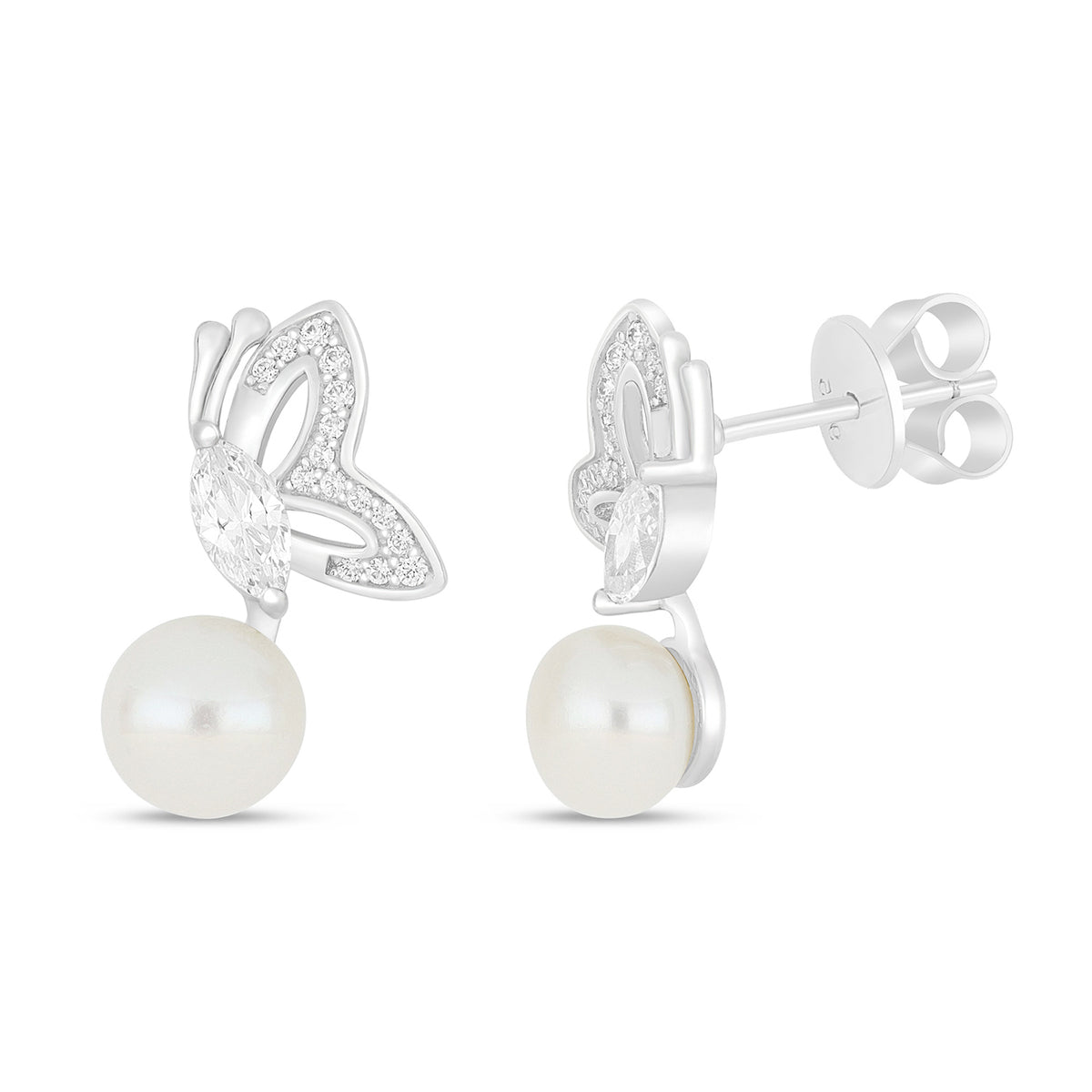 Sterling Silver 925 Earring Rhodium Plated Embedded With Natural White Pearl And White Zircon