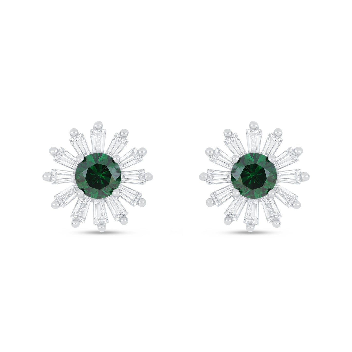 Sterling Silver 925 Earring Rhodium Plated Embedded With Emerald Zircon And White Zircon