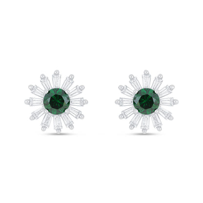 Sterling Silver 925 Earring Rhodium Plated Embedded With Emerald Zircon And White Zircon