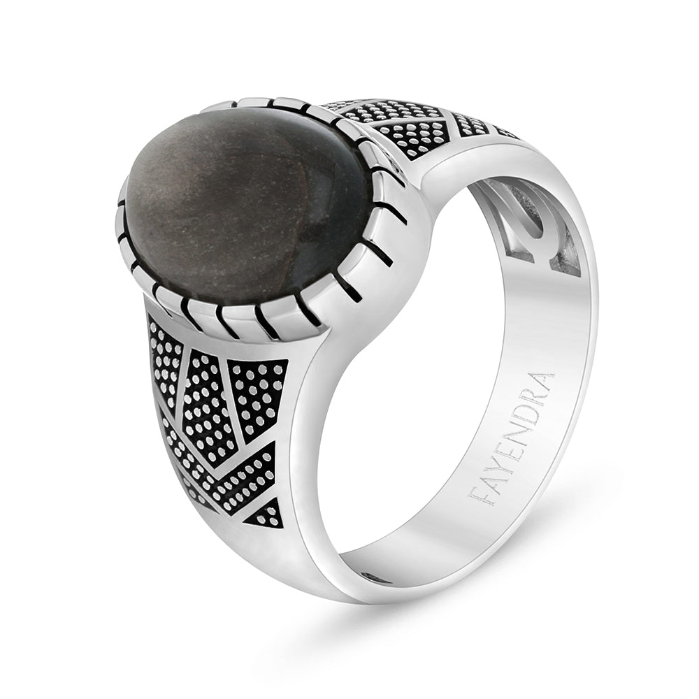Sterling Silver 925 Ring Rhodium And Black Plated Embedded With Cabochon Obsidian For Men