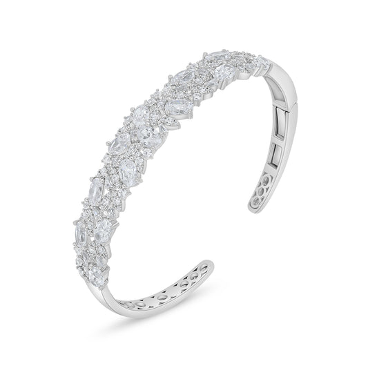 Sterling Silver 925 Bangle Rhodium Plated Embedded With White Zircon ( 52*58 )